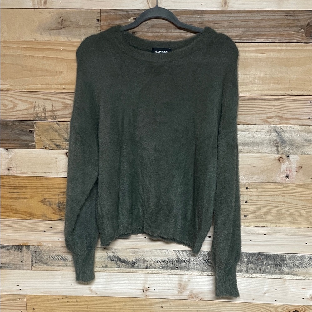 Express size Large Petite Olive Color Soft & Fuzzy Long-Sleeve Crewneck Sweater